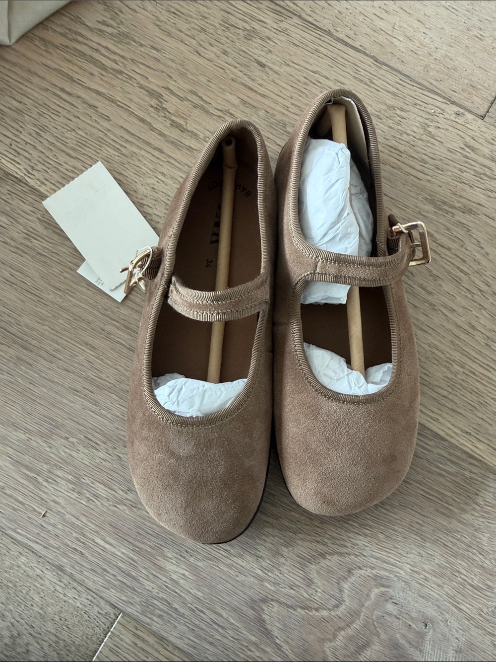 Zara Kids Brown Suede Mary Jane Shoes with Gold Buckle